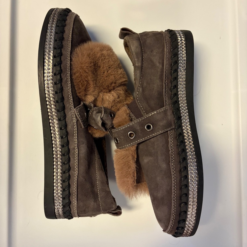 BM NY Womens Gray Suede Faux Fur Platform Loafers Grommet Strap Shoes Size 39